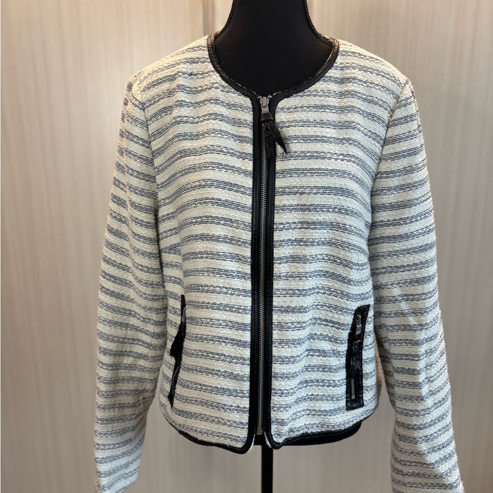 American Eagle Chanel Striped Tweed Jacket‎ Faux Leather Trim Blue and White XL